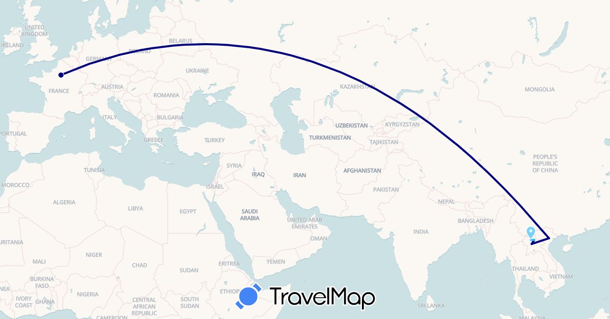 TravelMap itinerary: driving, boat in France, Laos, Vietnam (Asia, Europe)