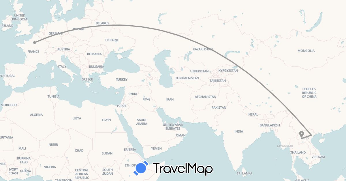 TravelMap itinerary: driving, plane in France, Laos, Vietnam (Asia, Europe)